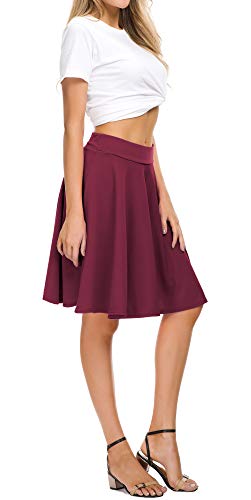 Exchic Women's Casual Stretchy Flared Mini Skater Skirt Basic A-Line Pleated Midi Skirt (S, Wine Red) #TOP1