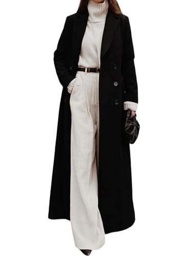 utcoco Womens Long Double Breasted Coat Elegant Formal Wool Blend Warm Overcoat (Large Black)