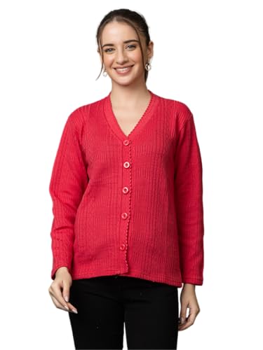 Image of Wear lusso Women's Woolen V-Neck Buttoned Full Sleeve Cardigan Self Design Soft Wool Fabric Winter Wear Pure Wool Sweater with Pockets Stylish Outdoor and Office Wear Girls