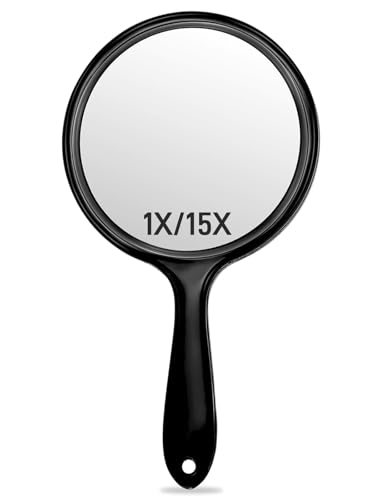 OMIRO Handspiegel, Doppelseitiger Handspiegel mit 1X/15X Vergrößerung und Griff (Transparent Schwarz)