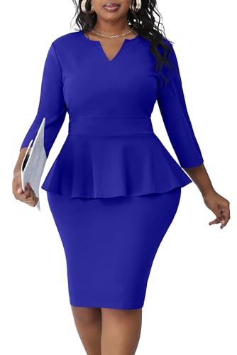 Image of Runwind Plus Size Dresses for Curvy Women, Work Church Professional Office Vintage Peplum Pencil Dress V Neck 3 /4 Sleeve