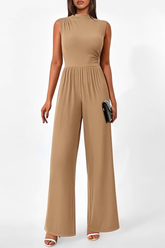 Image of PRETTYGARDEN Women's Summer Dressy Casual Jumpsuits | Cozy Ribbed Fabric, Sleeveless Mock Neck, Back Zipper, Pockets, Wide Leg Pants Rompers, Fashion Clothing, One Piece Outfits
