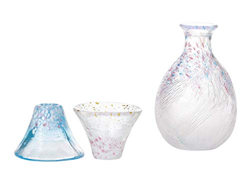 Toyo Sasaki Glass Sake Bowl Set, Congratulations Cup, Sakurafuji Sake Set 3-Piece Set, Pink, Blue, Approx. 8.5 fl oz (250 ml), Cup Approx. 1.2 fl oz (35 ml)