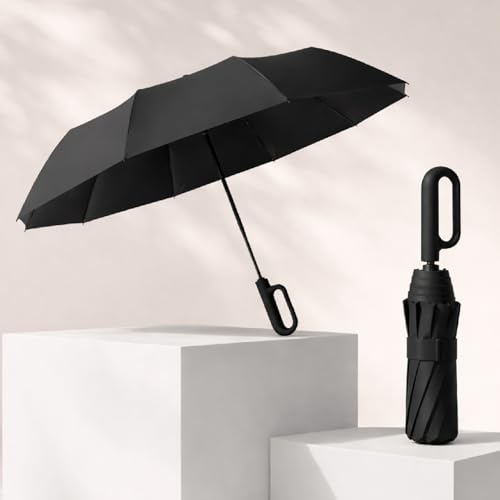 Image of Lifelong UV Umbrella with Novelty Carabiner Handle | 3-Fold Travel Umbrella for Rain | Windproof & Compact for Sun Protection | Auto Open & Close | 8 Ribs Men & Women (Black)