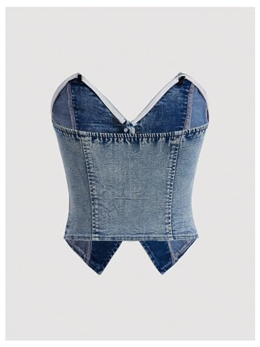 WDIRARA Women's Button Down Denim Tube Tops Y2k Asymmetrical Crop Top Sleeveless Strapless Bandeau2