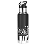 Wzzzsun Notas Musicales En Blanco Y Negro Botella de Agua Deportes con Pajita, Botellas Termica Acero Inoxidable 600ML Sin BPA para Niños Deportiva Gimnasio Ciclismo Escuela