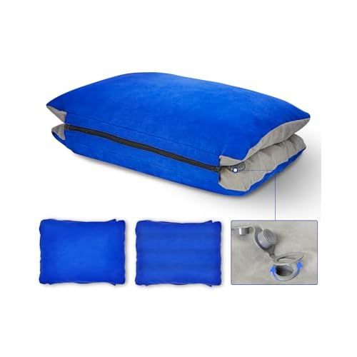 JefDiee Inflatable Camping Pillow with Memory Foam and Washable Cover Camping Gear and Travel Pillow for Airplanes, Camping (Blue M)