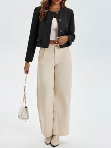 Cicy Bell Womens Cropped Tweed Blazer Collarless Button Down Bomber Jacket Business Casual Fall Outfits4