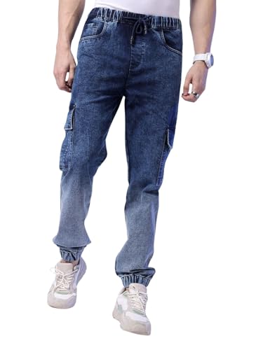 Image of The Indian Garage Co Men Regular Fit Solid Mid-Rise Stretchable Denim Cargo Joggers