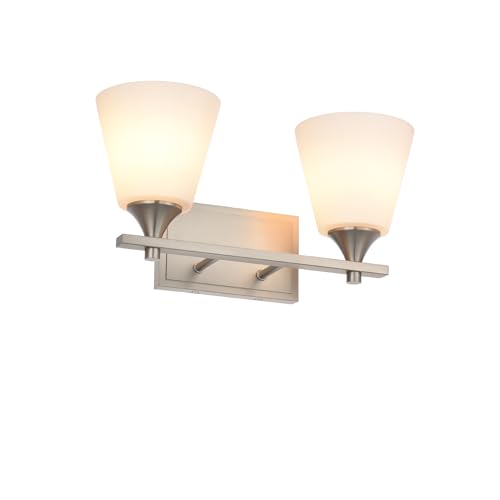 Image of Bathroom Vanity Light Fixtures, Brushed Nickel 2 Lights Traditional Vanity Lighting Fixture with Opal Glass Shade, Porch Wall Mount Light Fixture for Bathroom, Mirror Cabinets Hallway Stairs