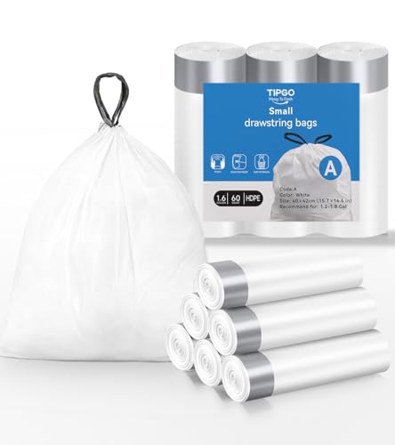 TIPGO Drawstring Trash Bags 60 Count, Pre-Cut 1.6 Gallon Small Garbage Bags, Fit 1.2-1.8 Gallon Trash Bin for Home, Office, Bathroom (Code A)