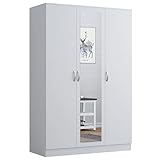 Nera 3 Door Wardrobe with Mirror Shelves and Hanging Rail Tall Wardrobes for Bedrooms Storage (White)