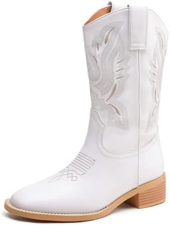 Easyfox Cowboy Boots for Women Modern Western Embroidered White Cowgirl Boots Mid Calf Square Toe Low Chunky Heel Pull On Boots White Shoes Size 8.5