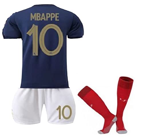 France Mbappe Home Blue Soccer Kids Jersey + Shorts + Socks Set Kit for Youth Size XLarge (12 Years Old)