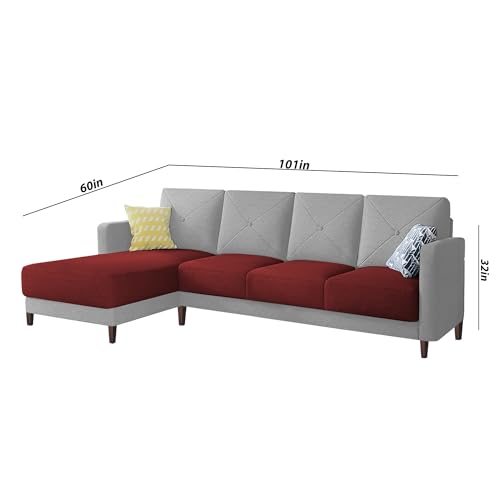 Image of Baloney LHS 6 Seater L Shape Sofa Set for Living Room (Maroon Grey Fabric) Premium Fabric Sofa
