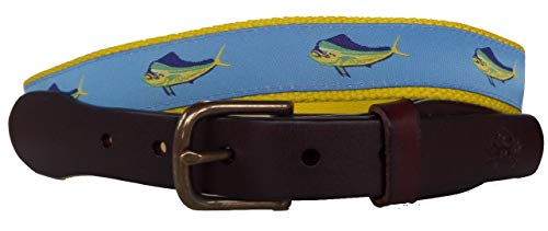 Mens Nautical Sportsman Mahi Mahi Leather Belt, Leather Tab and Buckle, Mahi Mahi Nautical Leather Belt