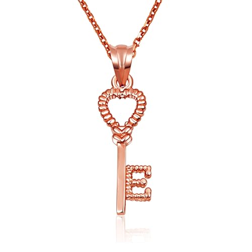 10K Rose Gold Heart Lock & Key Letter Initial Love Pendant Necklace Initial - E-18