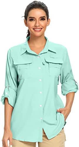 Women's UPF 50+ UV Sun Protection Safari Shirt, Long Sleeve Outdoor Cool Quick Dry Fishing Hiking Gardening Shirts (5055 Green XL)