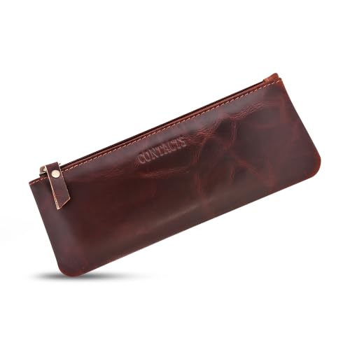 Image of CONTACTS Genuine Leather Small Pouch Multipurpose Utility Bag Zipper Pencil Pouches Holder Aesthetic for Adults Men Women Boys Coin Purse Money I Pen I Key I Tool Jewelry Bag - Brown