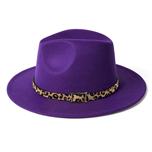Hudanhuwei Women's Wide Brim Felt Fedora Panama Hat With Leopard Belt Buckle Purple #TOP3