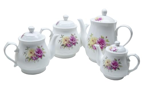 European Style Porcelain Teapot, Small Chinese White Teapot with Flowers Coffee Tea Water Pot Vintage Ceramic Litter Kettle (14oz)