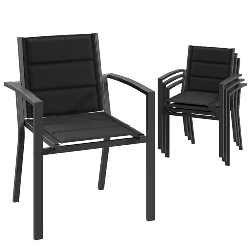 JUMMICO Garten Stapelstühle mit Armlehnen, Aluminium Outdoor Garten Stühle mit Baumwollsitz für Balkon, Terrasse, Garten - Set aus 4 Stück, DunkelGrau