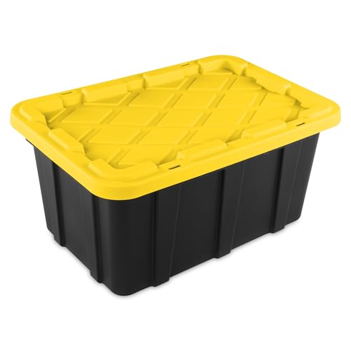 Sterilite 17 Gal Industrial Tote, Stackable Storage Bin with Snap-Fit Lid for Garage, Basement & Attic Storage, Black Base and Yellow Lily Lid, 6-Pack - Image 5