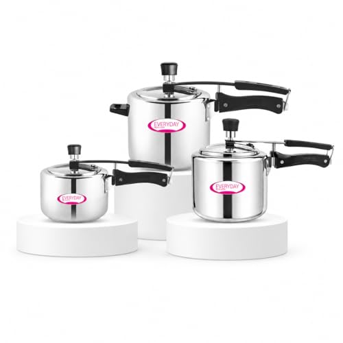 Image of Everyday Stainless Steel Pressure Cooker Set of 3 | 2L + 3L + 5L | Mirror Finish Inner Lid Design | Gas & Induction Compatible | Complete Family Cooking Set