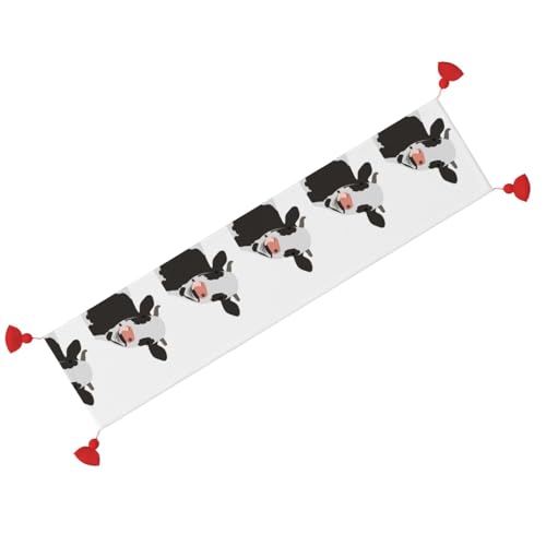 Chemin de table imprimé vache 35x152 cm avec pompons antidérapants