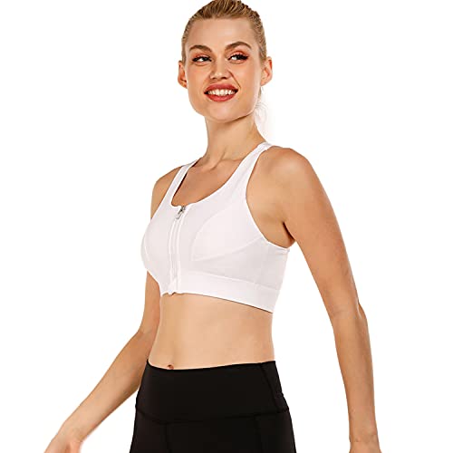 Cordaw Women's Zip Front Sports Bra Adjustable Straps Medium Impact High Support Zipper Running Bra For Workout Exercise White Xxl #TOP2