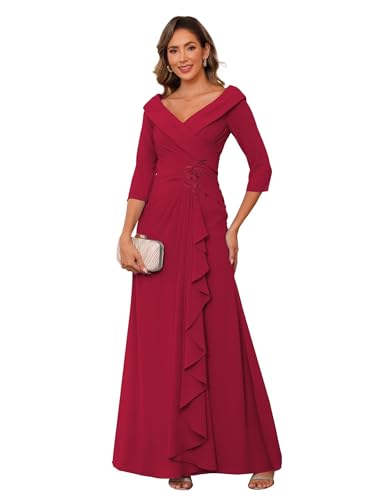 Raseal Chiffon Mother of The Bride Dresses for Wedding with 3/4 Sleeves Long Ruched Applique Formal Dress RS111