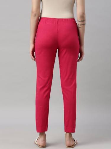 Image of MINELLI Women Solid Cigar Pants, Cotton Lycra Slub Fabric, Elasticated Waistband, Pull On Style, Regular Fit Bottom Wear for Western and Ethnic Wear
