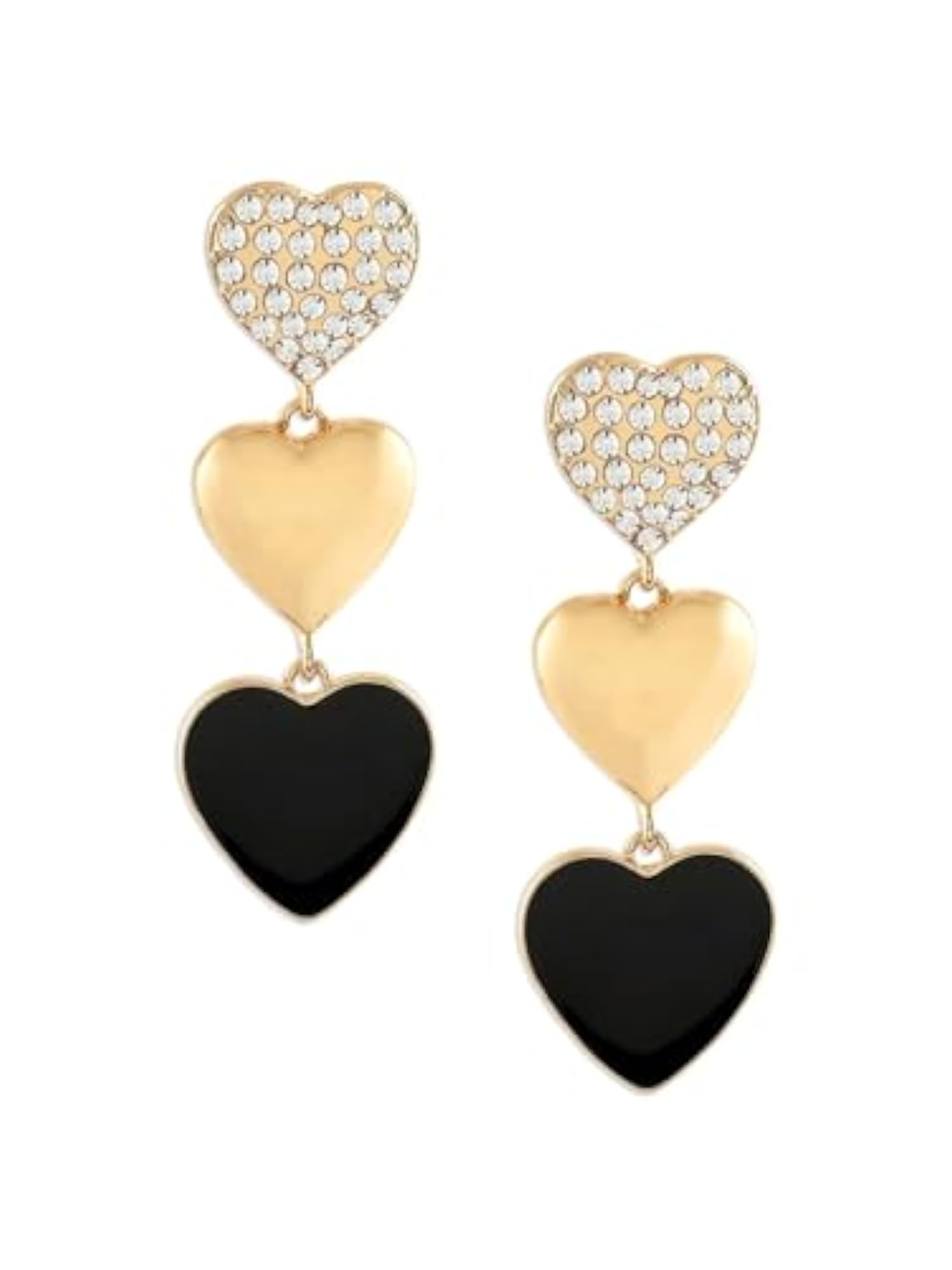 Black Enamel Austrian Diamonds Embellished Hearts Drop Earrings