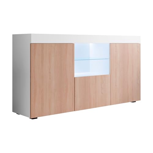 MB Muebles Bonitos, Buffet Natolia pour Salon et Salle à Manger avec Lumière LED, Meuble en Mélamine Mate, Couleur Blanc et Sonoma, 150x83x40 cm