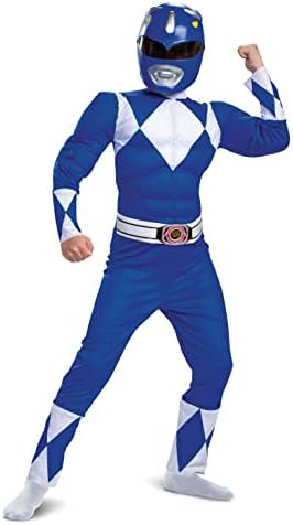Blue Power Ranger Costume, Kids Size Beast Morphers Muscle Padded Character Jumpsuit and Mask, Classic Child Size Small (4-6)