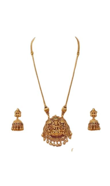 Image of Traditional Gold-Plated Lakshmi Temple Pendant Necklace Set for Women | Antique South Indian Jewelry with Jhumka Earrings | Ethnic Bridal, Wedding & Festive Jewelry Set