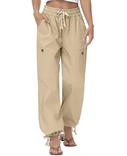 ATOFY Women's Casual Cargo Pants Joggers Cotton Elastic Waist with Pockets Drawstring Baggy Trousers(Khaki,L)