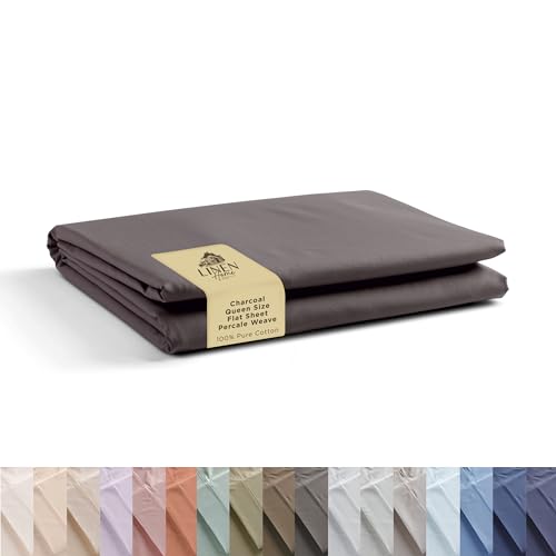 Linen Home 100% Cotton Percale Queen Flat Sheet Charcoal