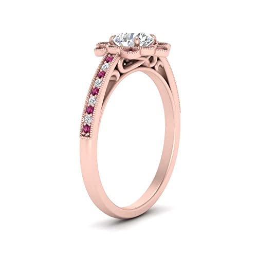 Image of 55Carat Choose Your Gemstone Milgrain Floral Halo Diamond CZ Ring Rose Gold Plated Round Shape Halo Engagement Rings Everyday Jewelry Wedding Jewelry Handmade Gifts for Wife US Size 4 to 12