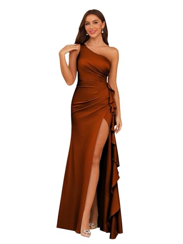 Dessiny One Shoulder Satin Bridesmaid Dresses for Women 2025 Ruffle Pleated Maxi Formal Dress with Slit DE265
