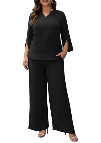 Auciccoo Women's Plus Size 2 Piece Outfits Dressy 3/4 Sleeve Blouse Wide Leg Pant Work Sets Casual Tracksuit Lounge Set