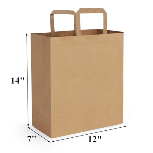 BagDream Large Kraft Brown Handle Grocery Bags 100Pcs, Heavy Duty, 12x7x14 Inches