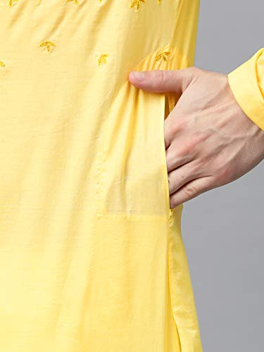 Image of See Designs Yellow Cotton Regular Fit Embroidered Kurta