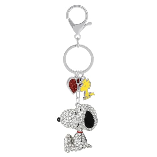 SALLY ROSE Peanuts Cluster Pave Crystal Keychain Official License, Snoopy Bag Charm with Woodstock and Heart Charms