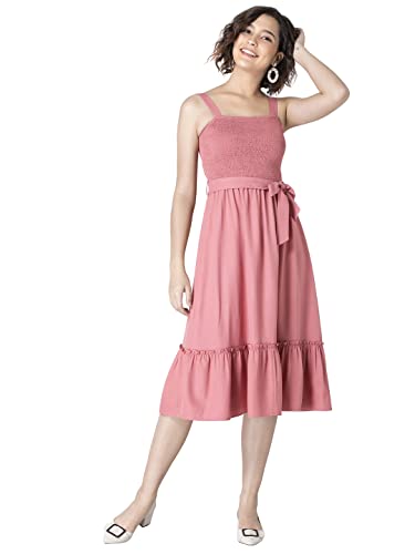 Image of FabAlley Dusty Pink Belted Smocked Back Midi Dress