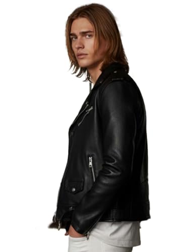 Image of Leather Retail Men's Black Leather Biker Jacket - Classic Motorcycle Style with Zipper Pockets & Belt