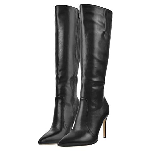 LISHAN Women's Pointed Closed Toe Stiletto High Heels Pull On Zip Up Under Knee High Boots Solid Soft PU Sexy Dress Shoes Black Size 12 Cover