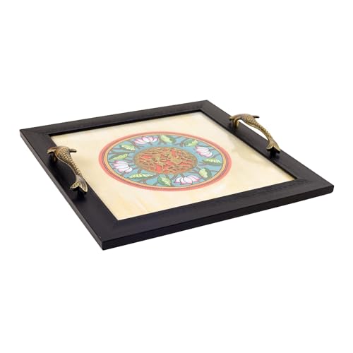 Image of Aakriti Art Creations Fusion Serenity Madhubani-Dhokra Tray, Serving Platter Beige | Matte Finish, Handcrafted Metal & Wood Tray with Handles | Tray for Kitchen Decor & House Warming Gifts
