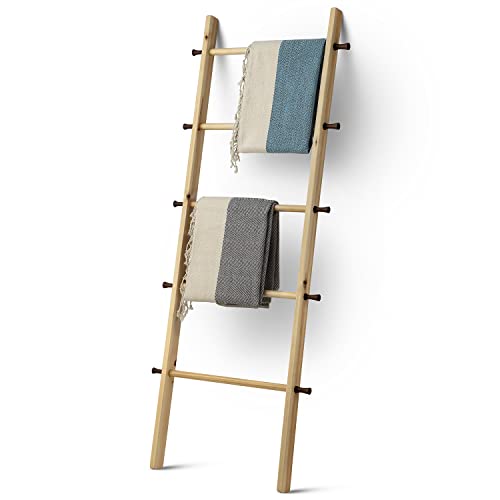 AFOOGA 5 ft wooden blanket ladder farmhouse| Blanket ladders for the living room & bedroom |sturdy decorative ladder for blankets - Easy To Assemble| Ladder blanket holder for Throw Blankets & Quilts.