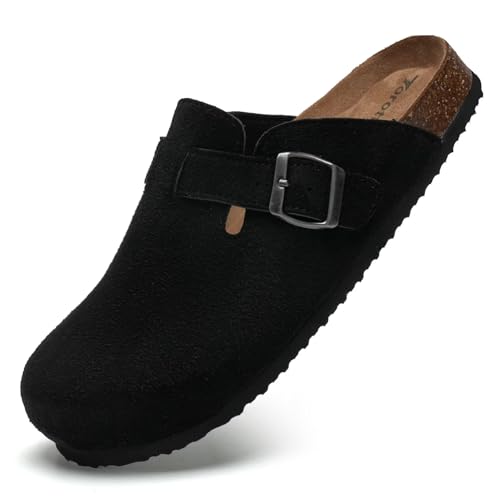 Torotto Mens Clogs Cork Footbed Suede Slippers Arch Support Potato Shoes with Adjustable Buckle(Black-45)